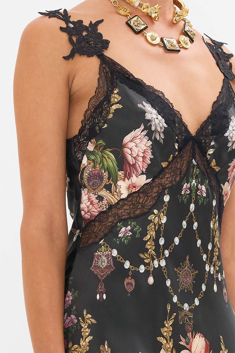 CAMILLA v neck full length bias slip in Dyansty Daze print. 