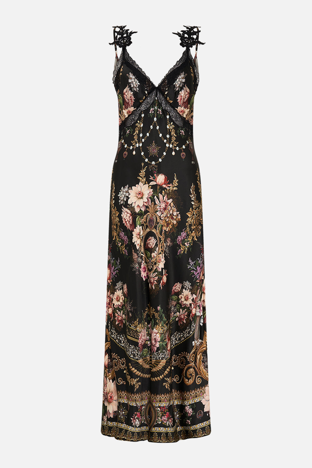 CAMILLA v neck full length bias slip in Dyansty Daze print. 