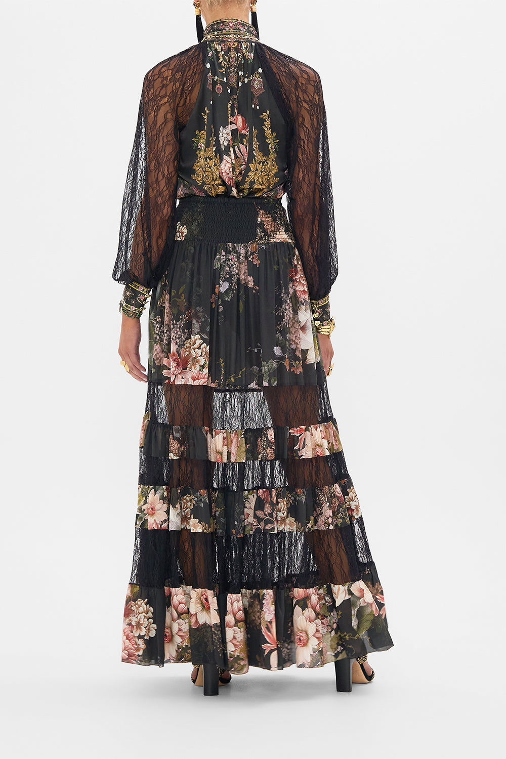 CAMILLA raglan button up shirt with lace at sleeve in Dynasty Daze print. 