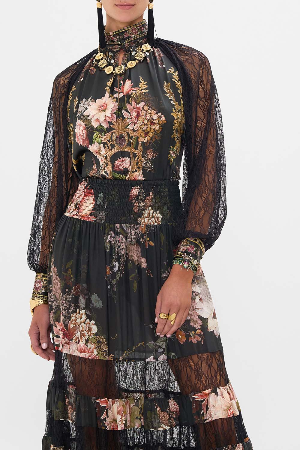 CAMILLA raglan button up shirt with lace at sleeve in Dynasty Daze print. 