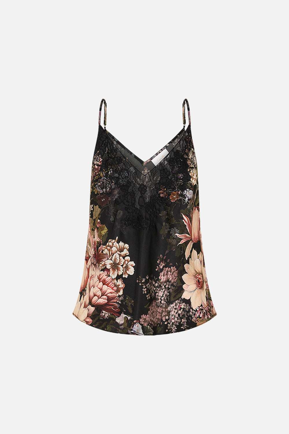 CAMILLA v neck bias cami with lace and embroidery in Dyansty Daze print. 