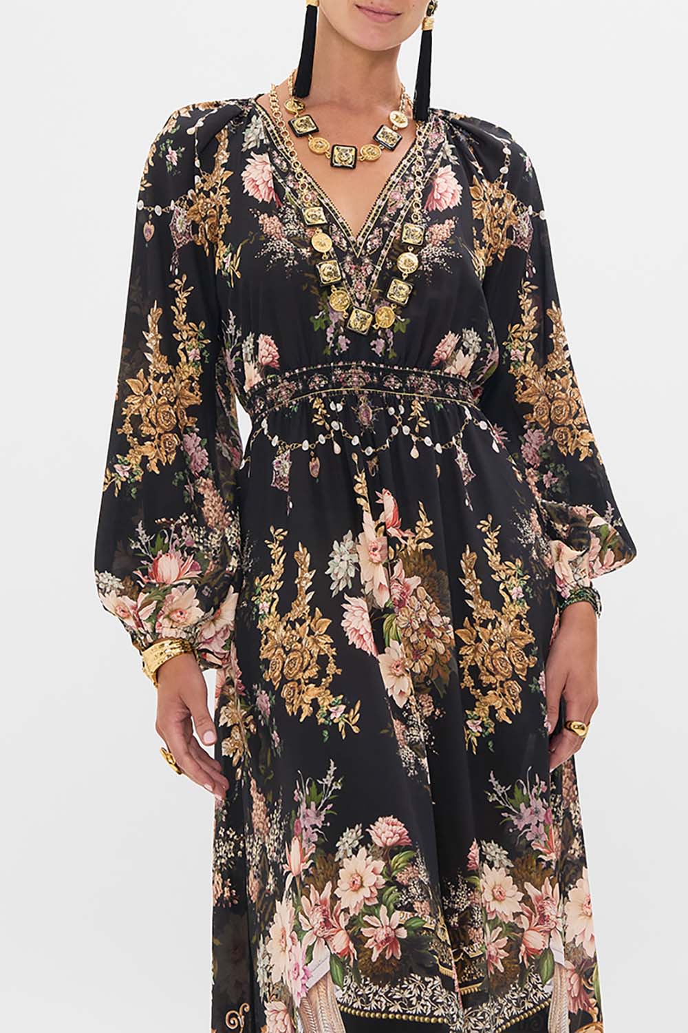 CAMILLA raglan shirred waist dress in Dynasty Daze print. 