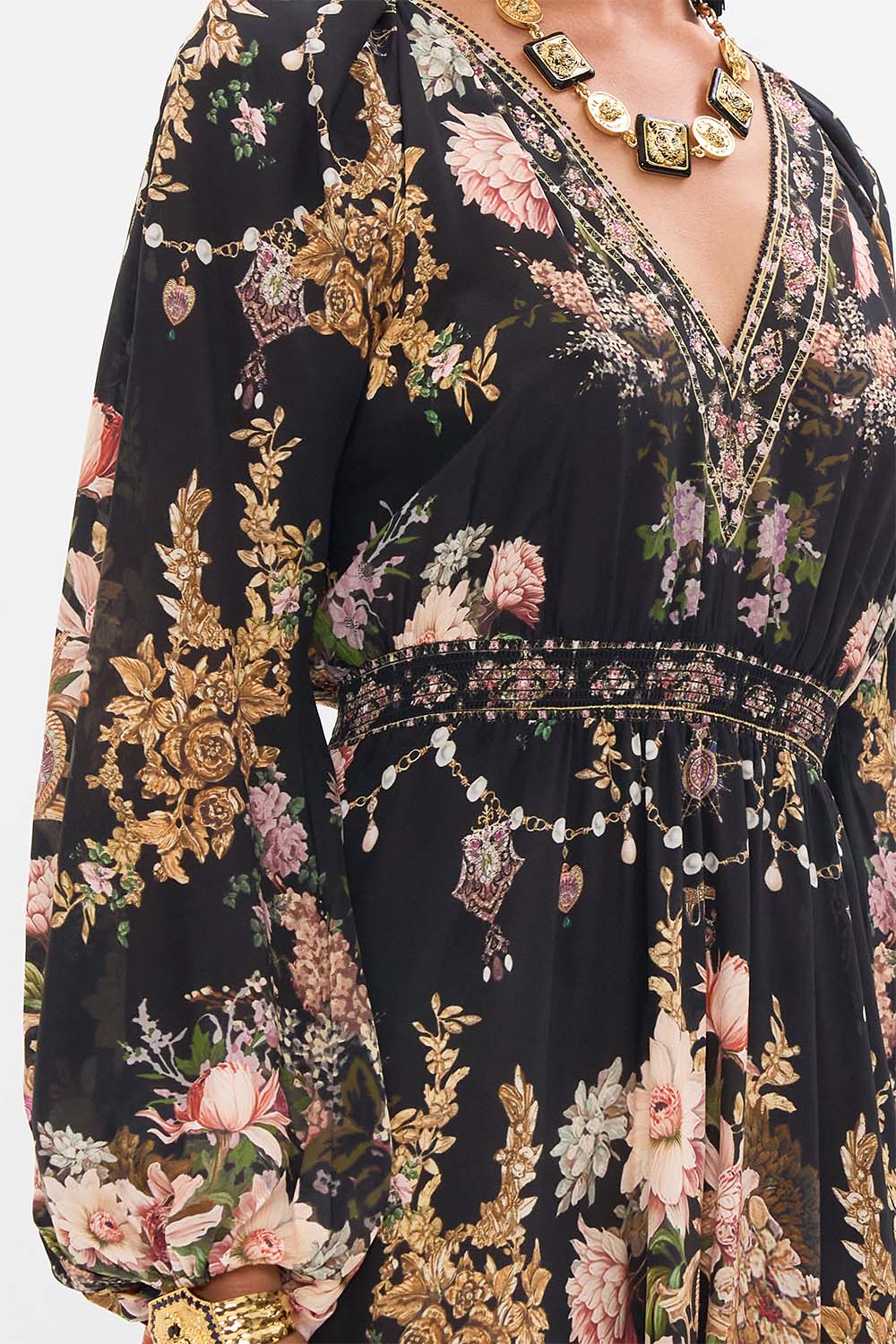 CAMILLA raglan shirred waist dress in Dynasty Daze print. 