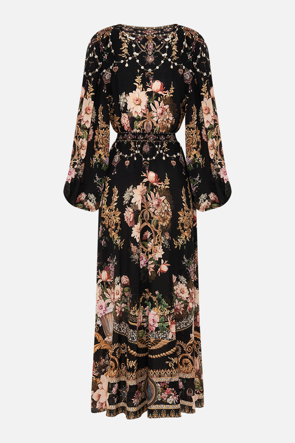 CAMILLA raglan shirred waist dress in Dynasty Daze print. 