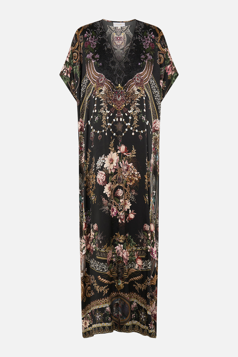 CAMILLA slim fit kaftan with lace and embroidery in Dynasty Daze print. 