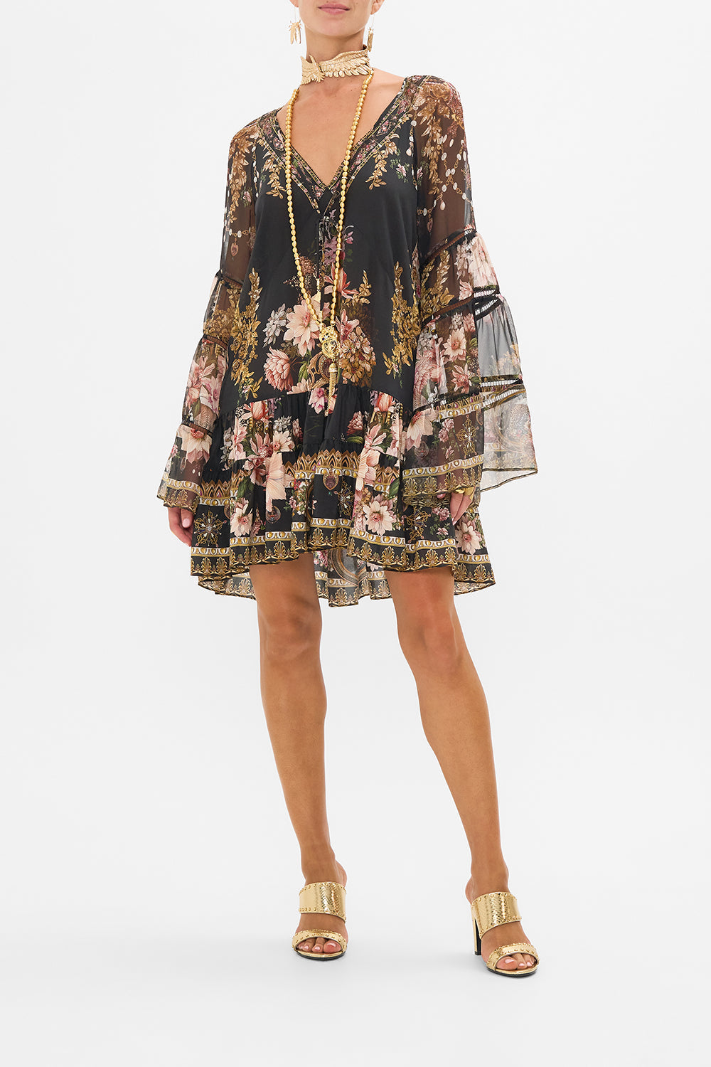 CAMILLA a line gathered panel dress with lace trims in Dyansty Daze print. 