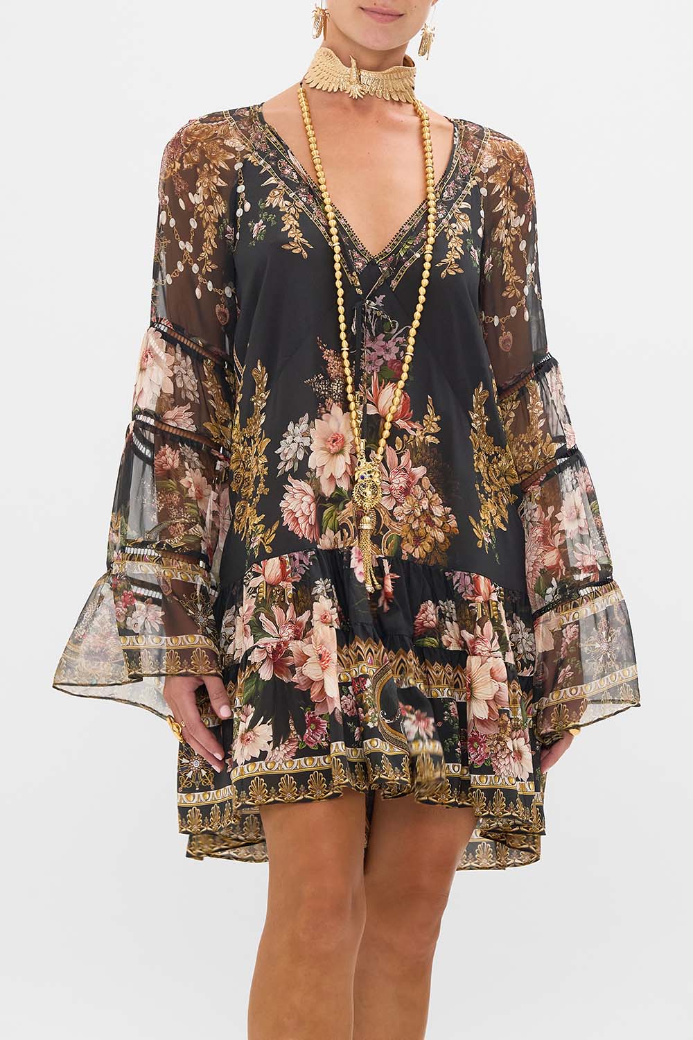 CAMILLA a line gathered panel dress with lace trims in Dyansty Daze print. 