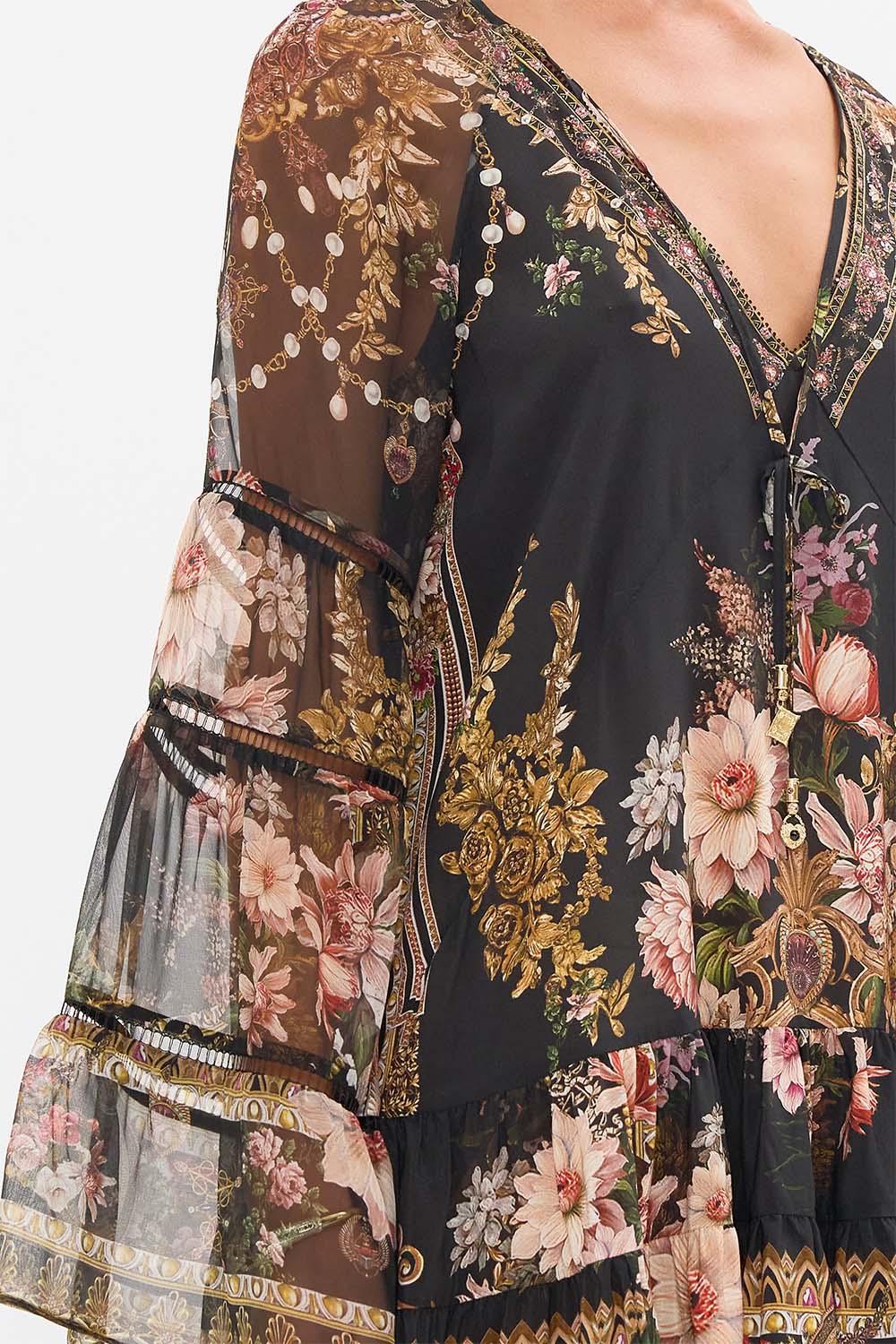 CAMILLA a line gathered panel dress with lace trims in Dyansty Daze print. 