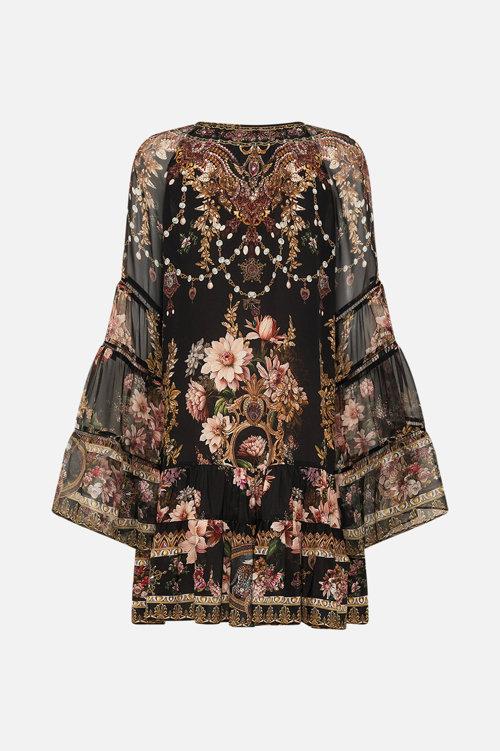 CAMILLA a line gathered panel dress with lace trims in Dyansty Daze print. 