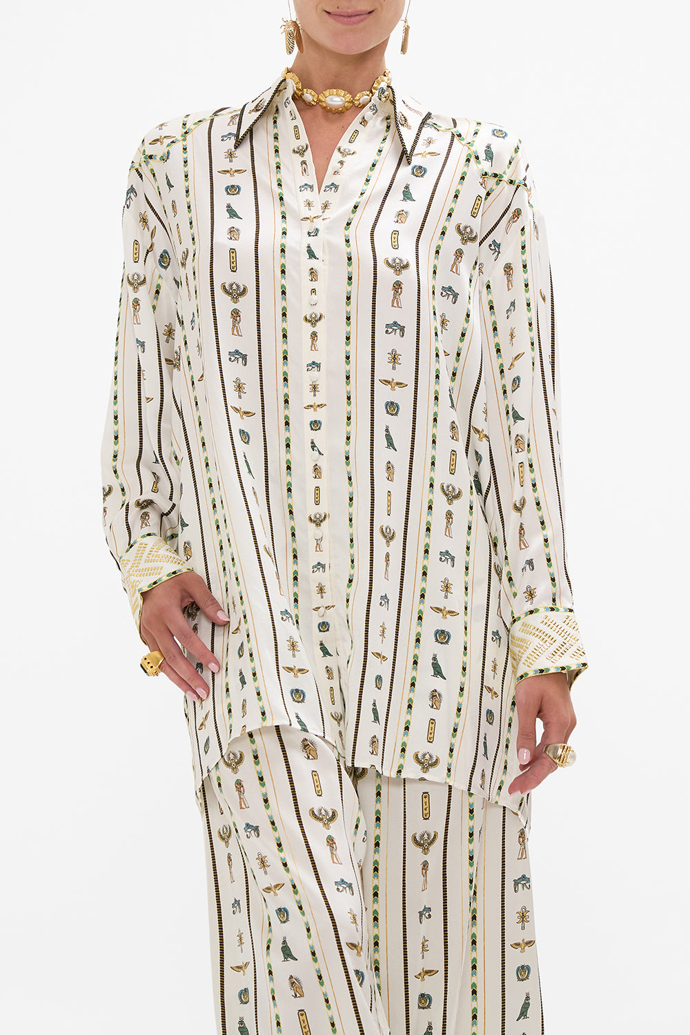 CAMILLA Long Line Shirt with Yoke and Button Detail in Valley Of The Queens print