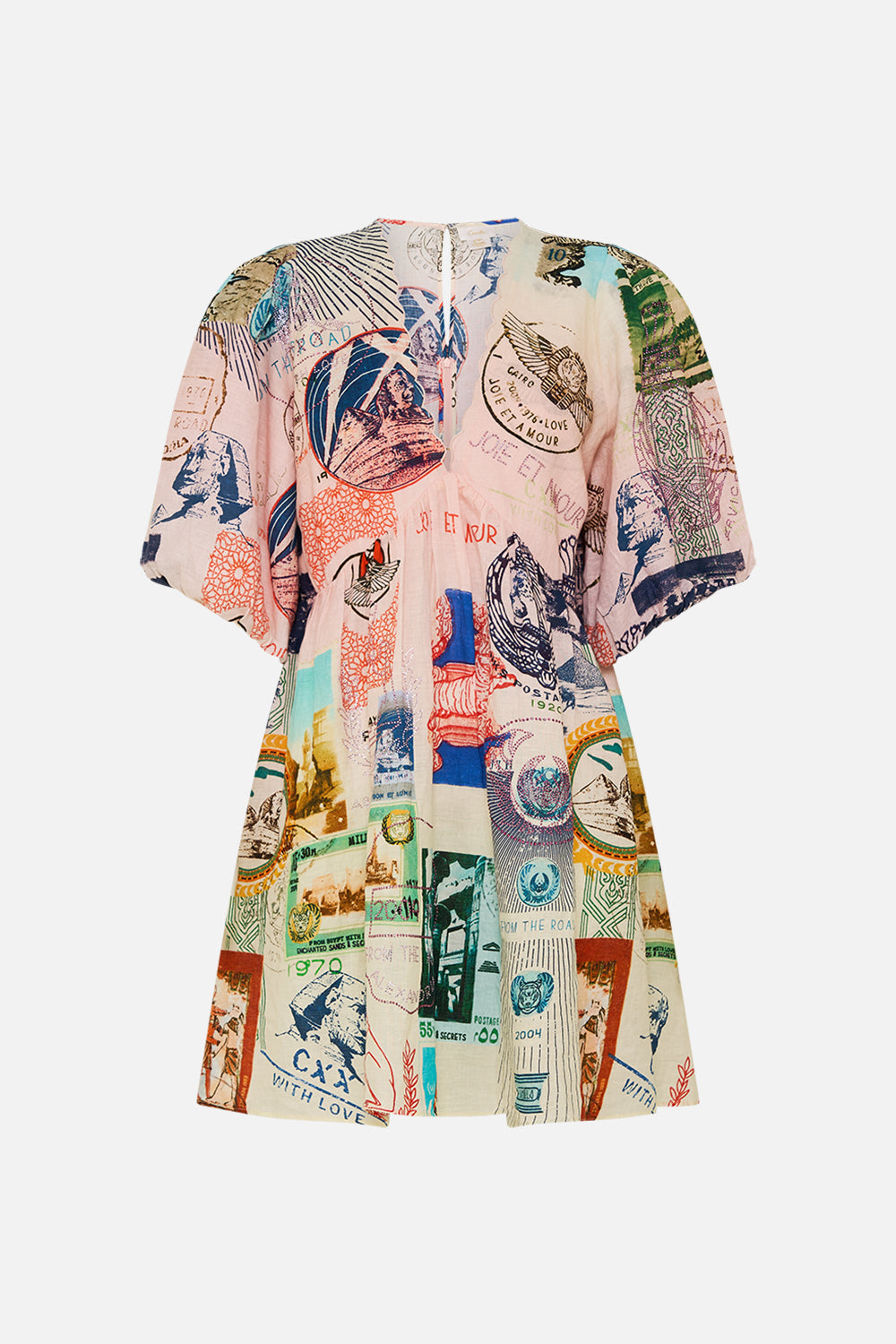 CAMLLA v neck puff sleeve short dress in Haute Passport print. 