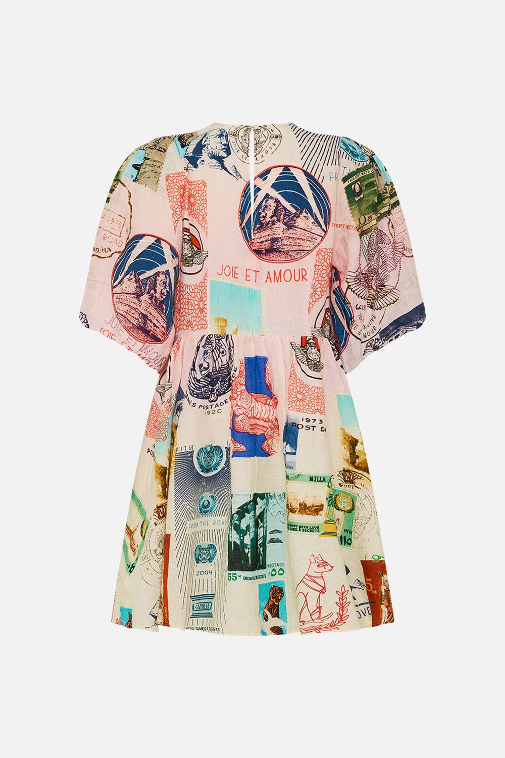 CAMLLA v neck puff sleeve short dress in Haute Passport print. 