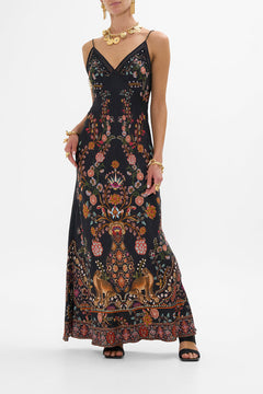 CAMILLA Floral Jacquard Full Length Bias Slip Dress in Loom to Tomb print