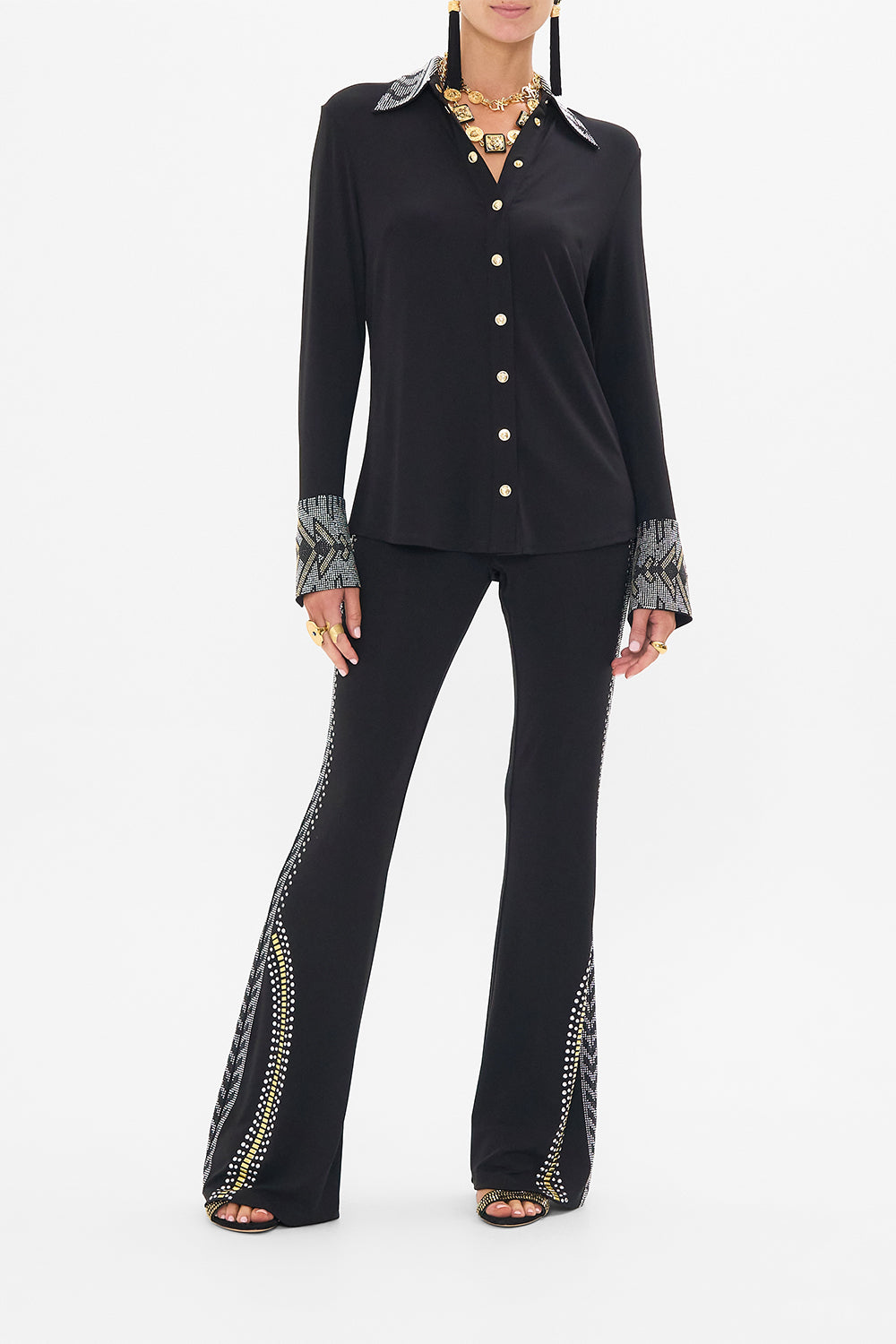CAMILLA Black Fitted Jersey Shirt in They Called Her Nefertari print.