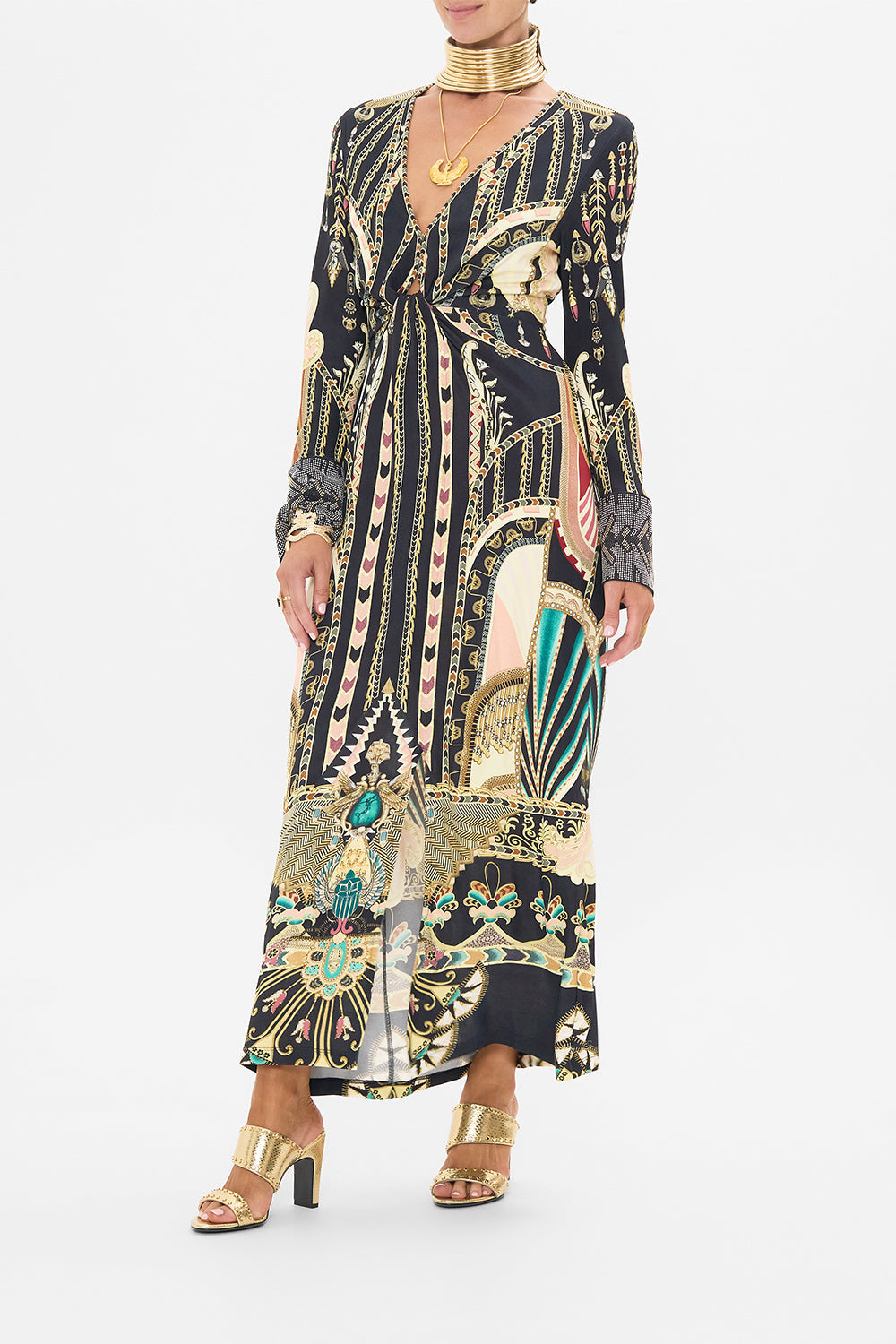 CAMILLA Long V-Neck Twist Front Jersey Dress in They Called Her Nefertari print