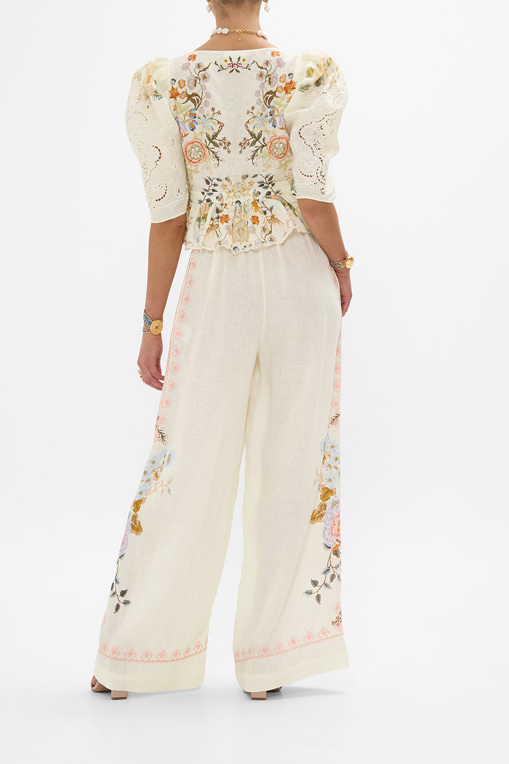 CAMILLA Embroidered Wide Leg Waisted Pant in Honour of Heirlooms print