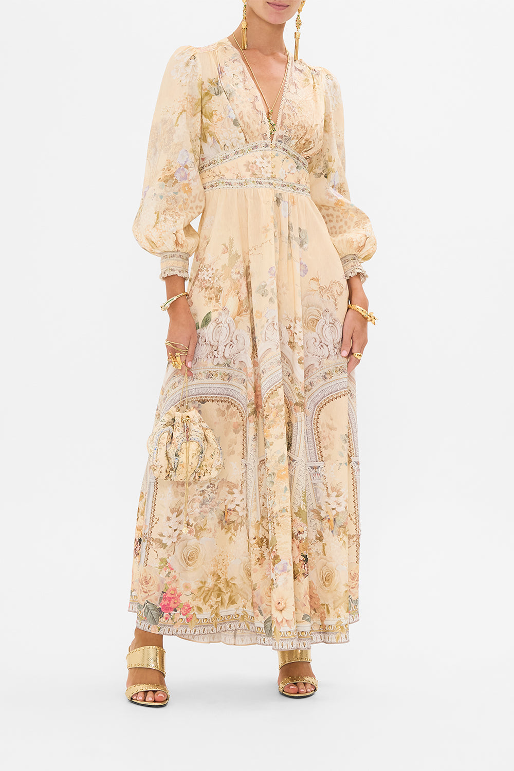 CAMILLA button dress with shaped waistband in Adorned in Antiquity print. 