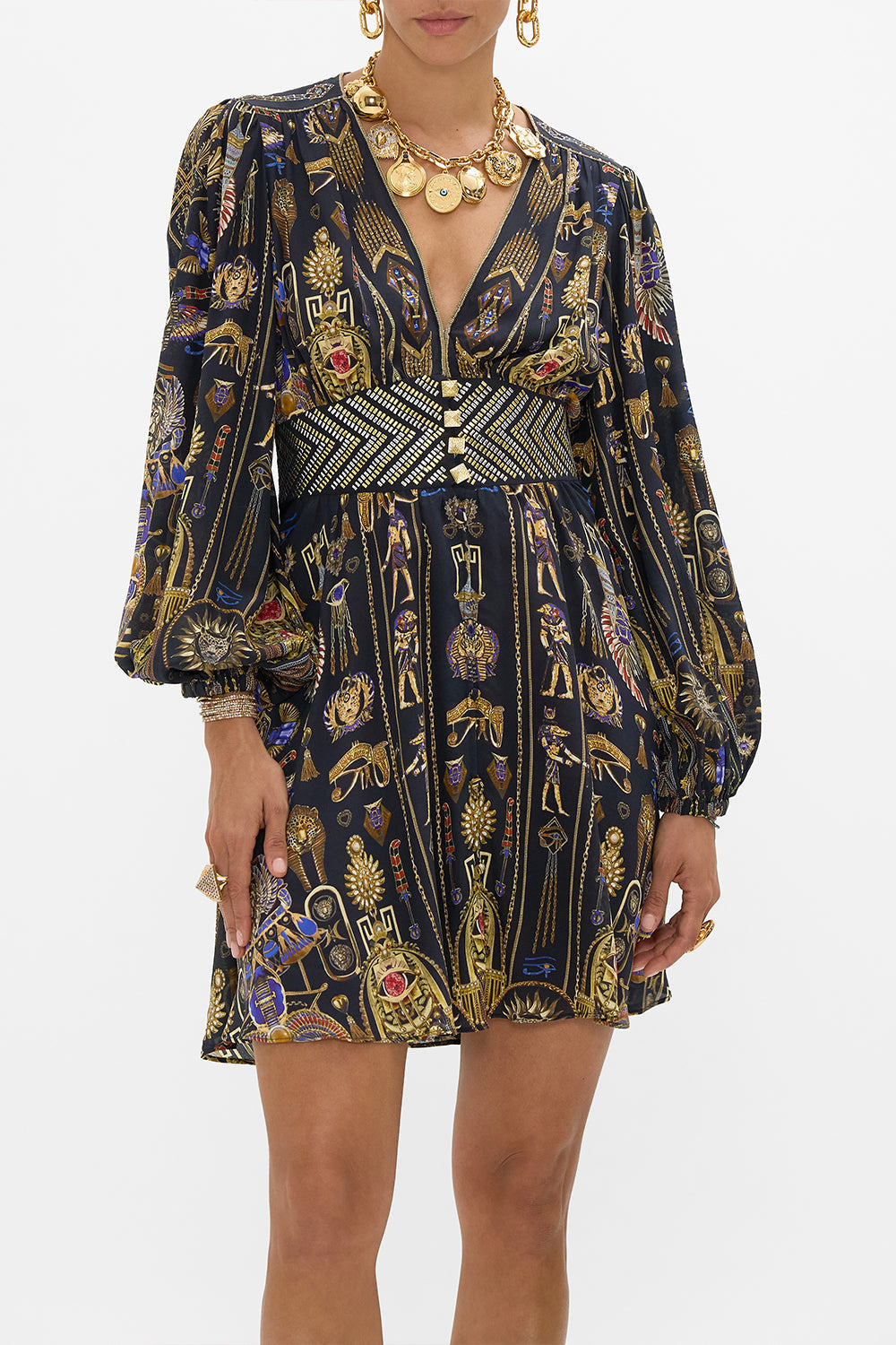 CAMILLA Curved Waisted Short Dress in Cartouche Kingdom print. 