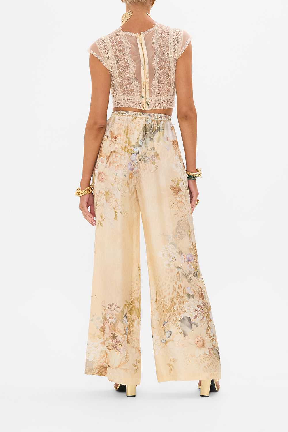 CAMILLA floral minimal wide leg pant in Adorned in Antiquity print. 