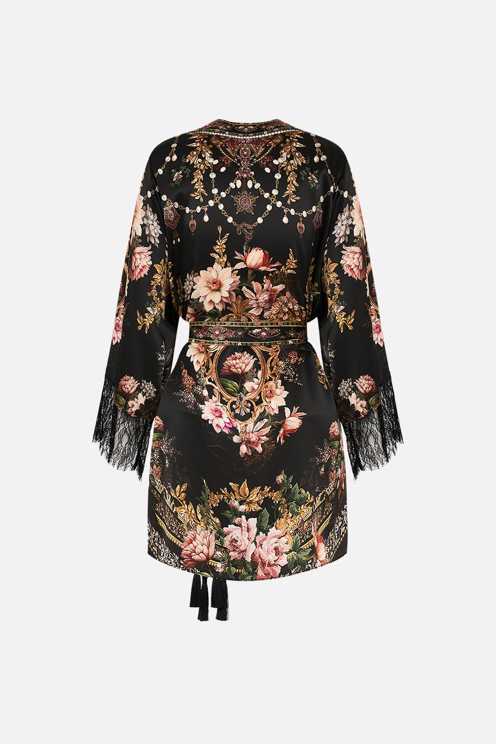 CAMILLA short kimono wrap in Dynasty Daze print. 