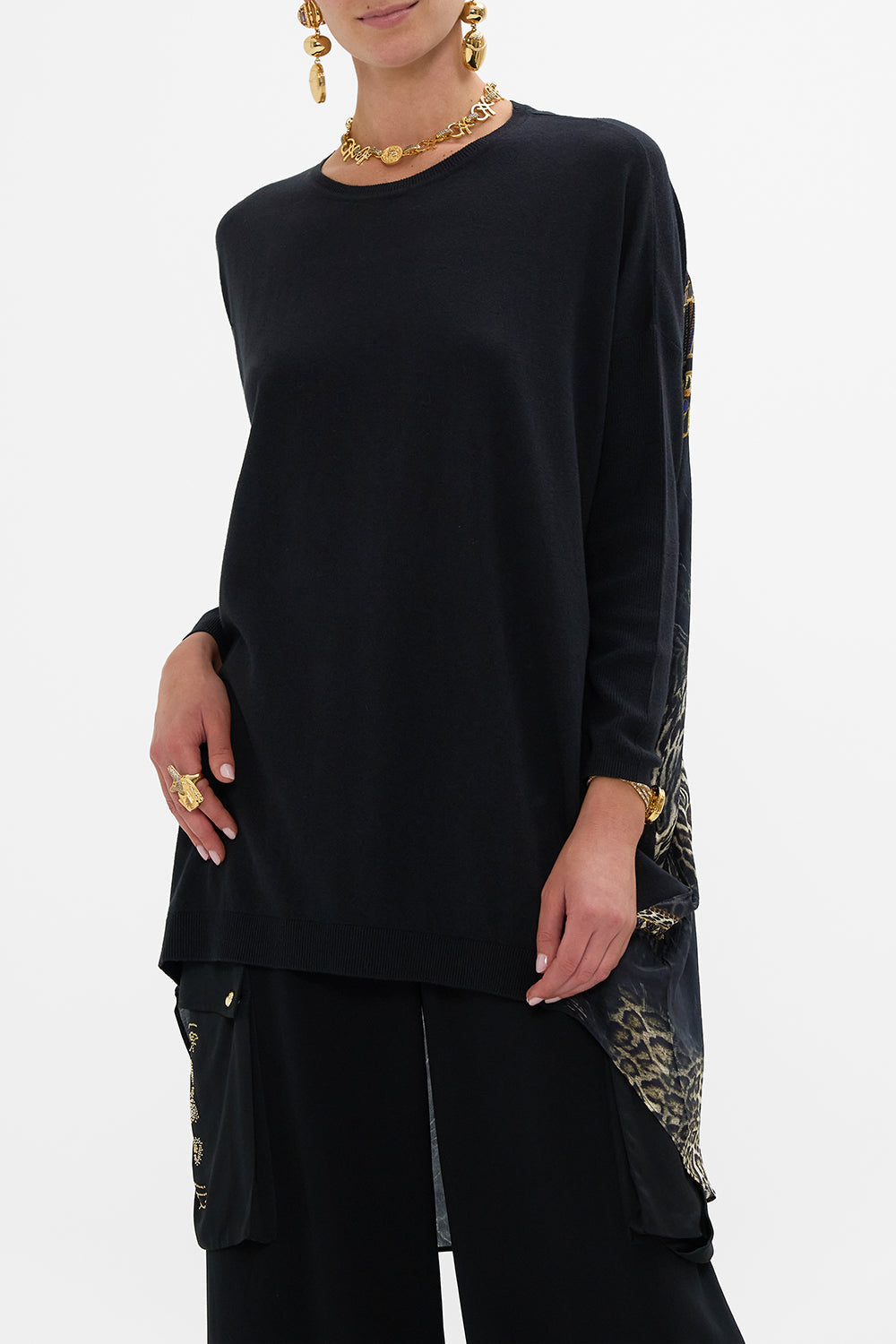 CAMILLA Black Long Sleeve Jumper With Print in Cat Worship print. 