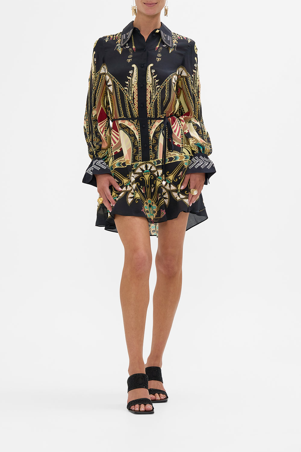 CAMILLA Black/Gold Shift Shirt Dress with Glomesh Cuff in They Called Her Nefertari print