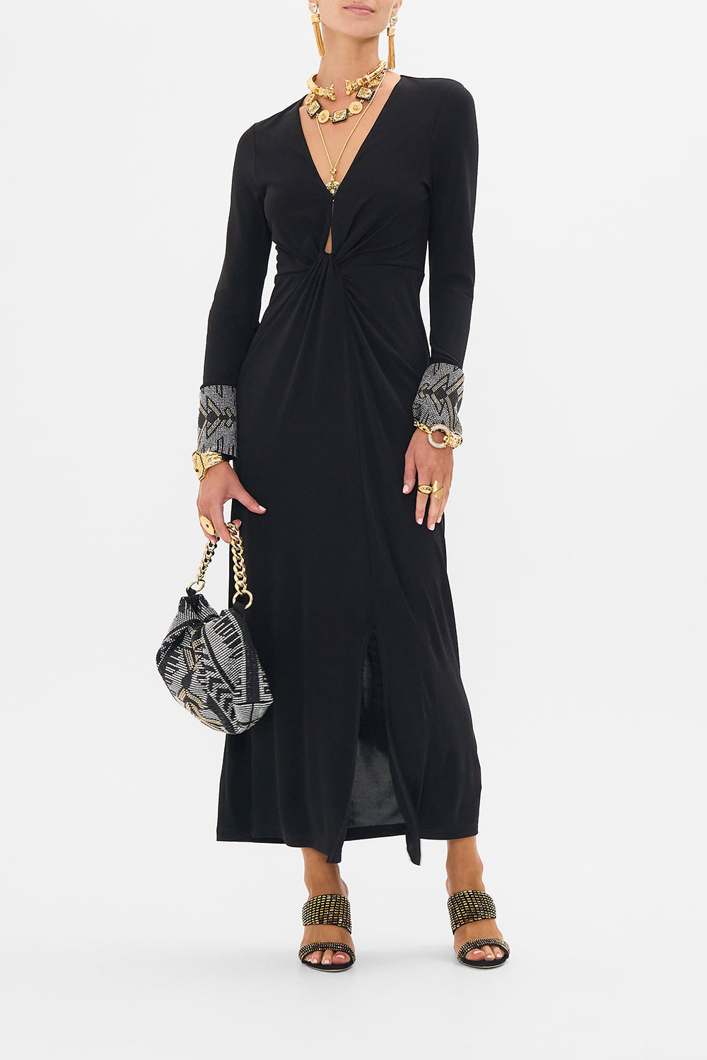 CAMILLA Long V Neck Twist Front Jersey Dress in Cartouche Kingdom print.