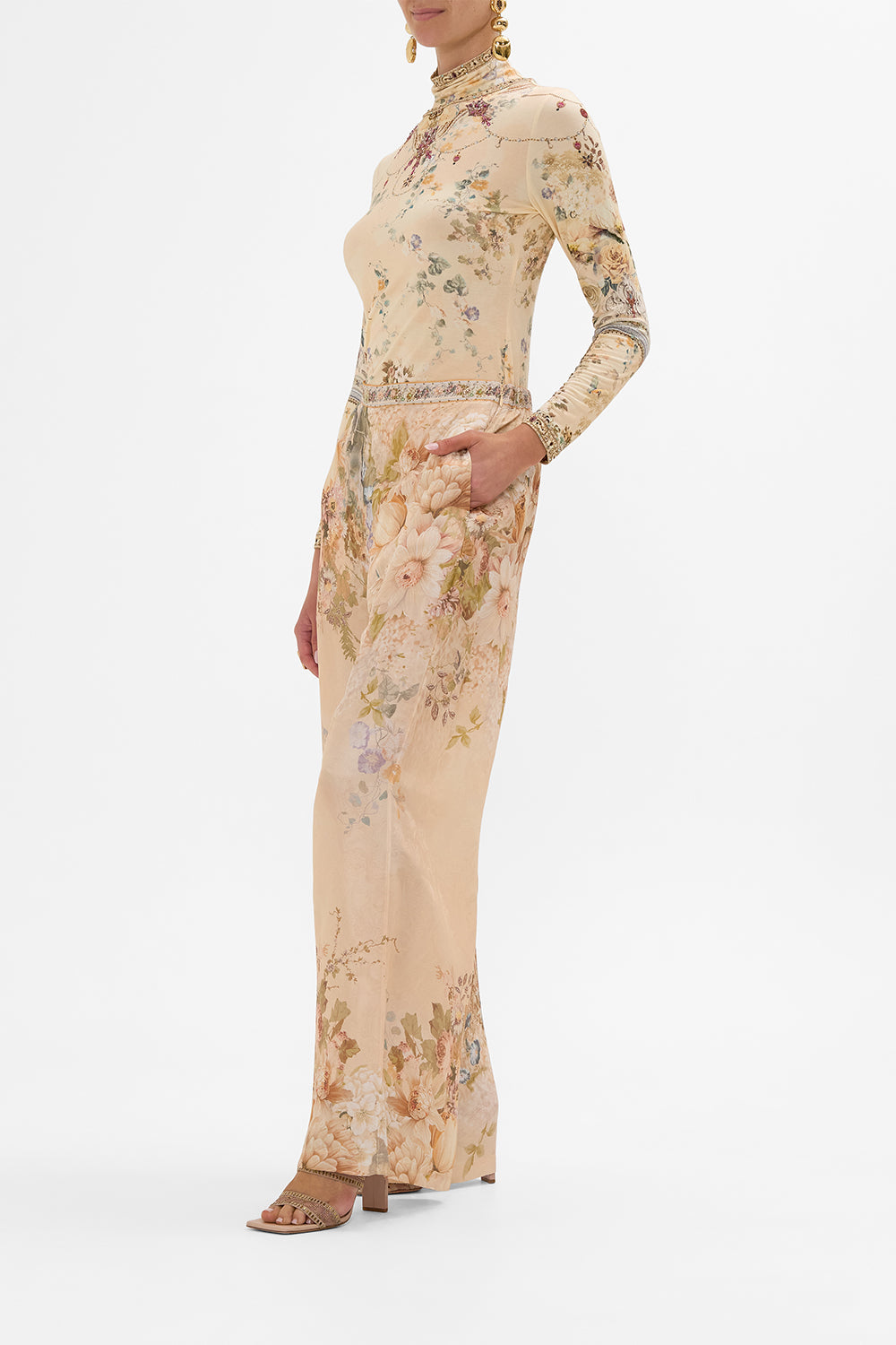 CAMILLA floral jersey turtleneck in Adorned in Antiquity print. 