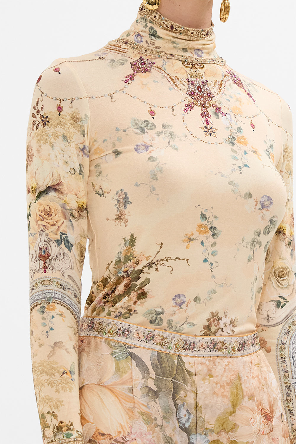 CAMILLA floral jersey turtleneck in Adorned in Antiquity print. 