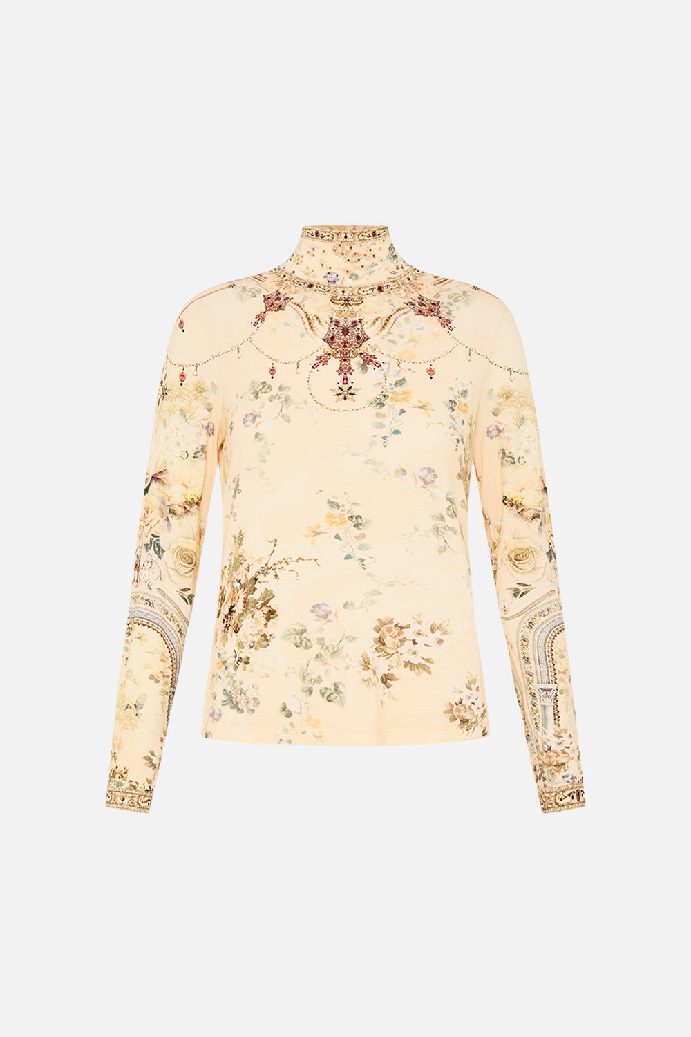 CAMILLA floral jersey turtleneck in Adorned in Antiquity print. 