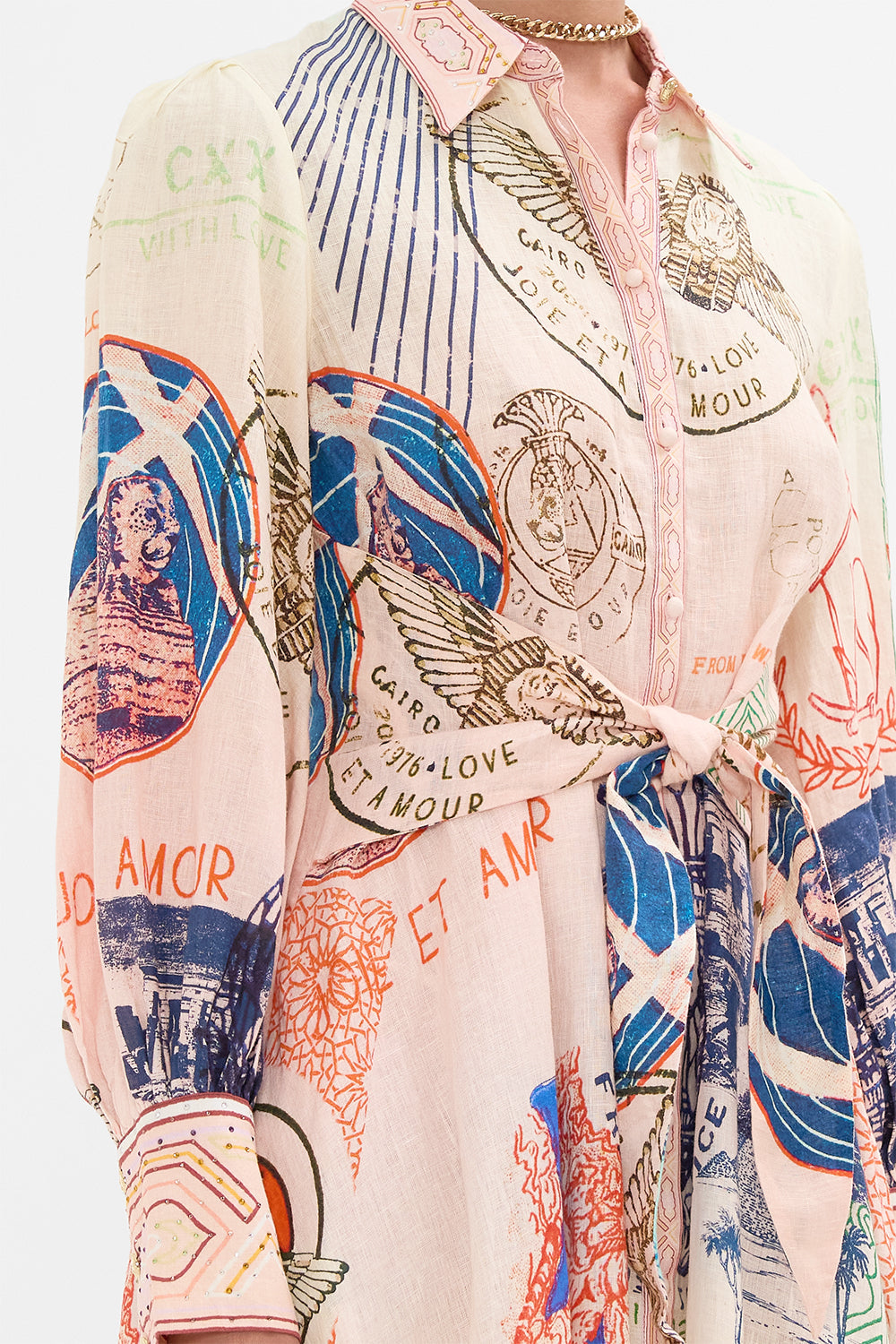 CAMILLA waisted tie shirt dress in Haute Passport print 