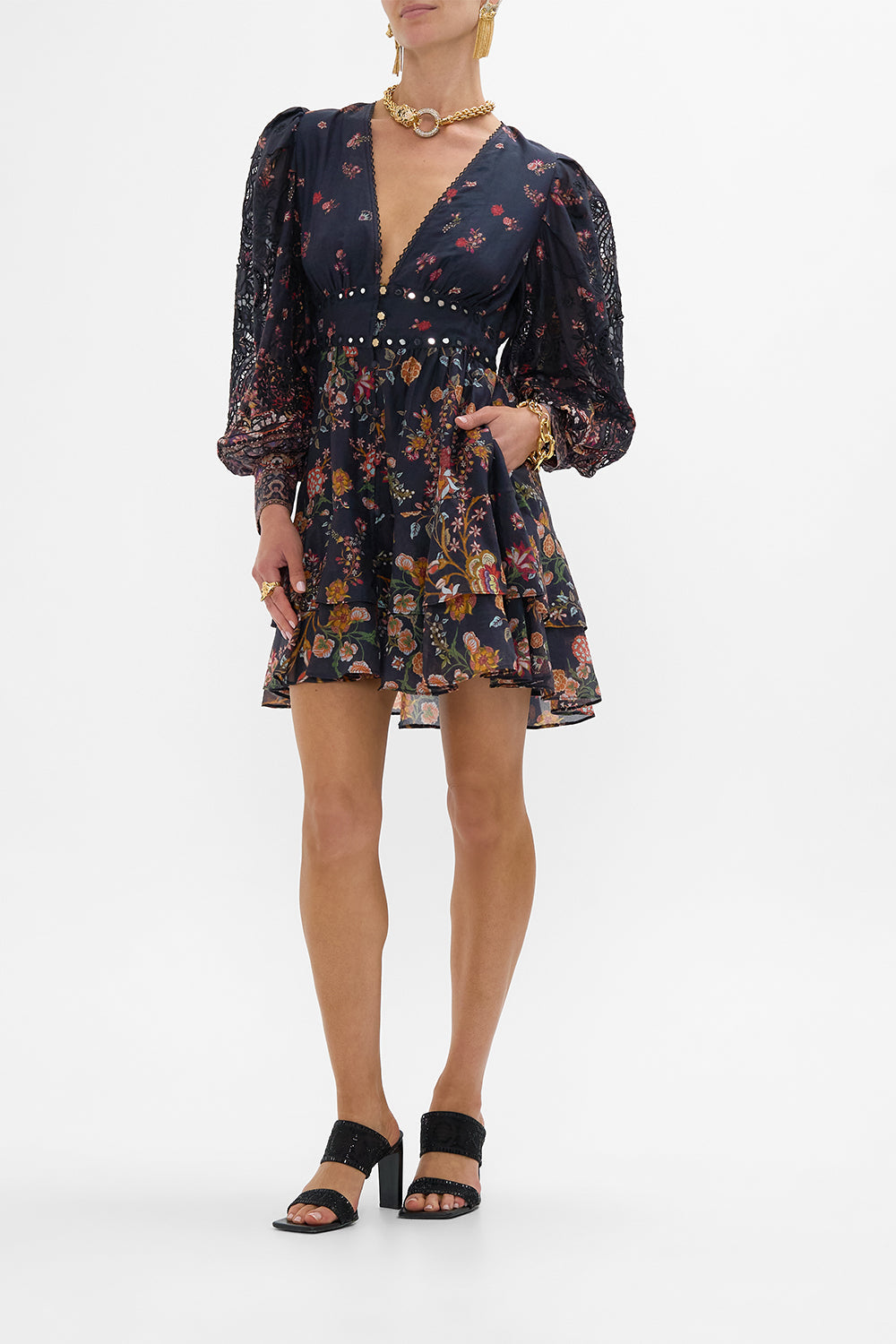 CAMILLA Button Front Frill Dress in Loom to Tomb print