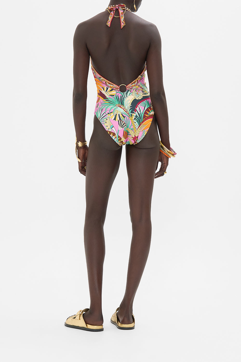 CAMILLA Ring Detail Plunge V One Piece in Giza Goddess print. 