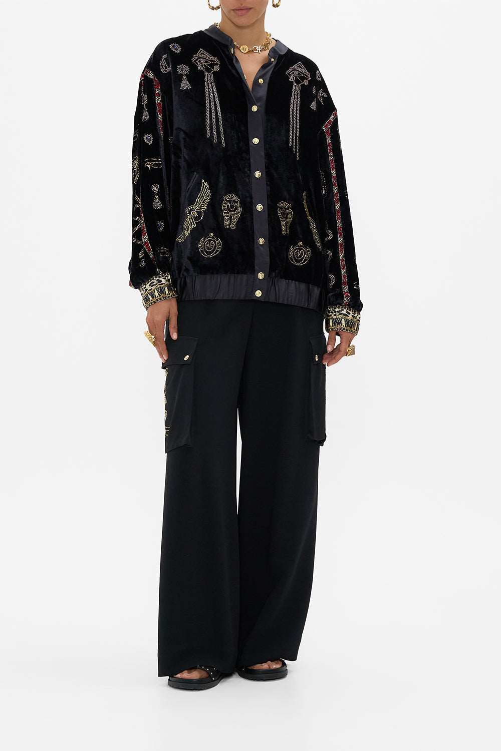 CAMILLA Velvet Lonline Varsity Jacket in Cat Worship print. 