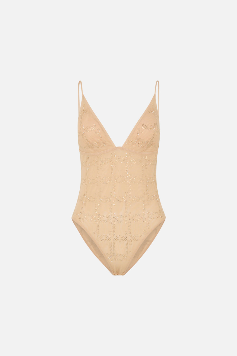 CAMILLA nude mesh tri bodysuit in Solid Nude