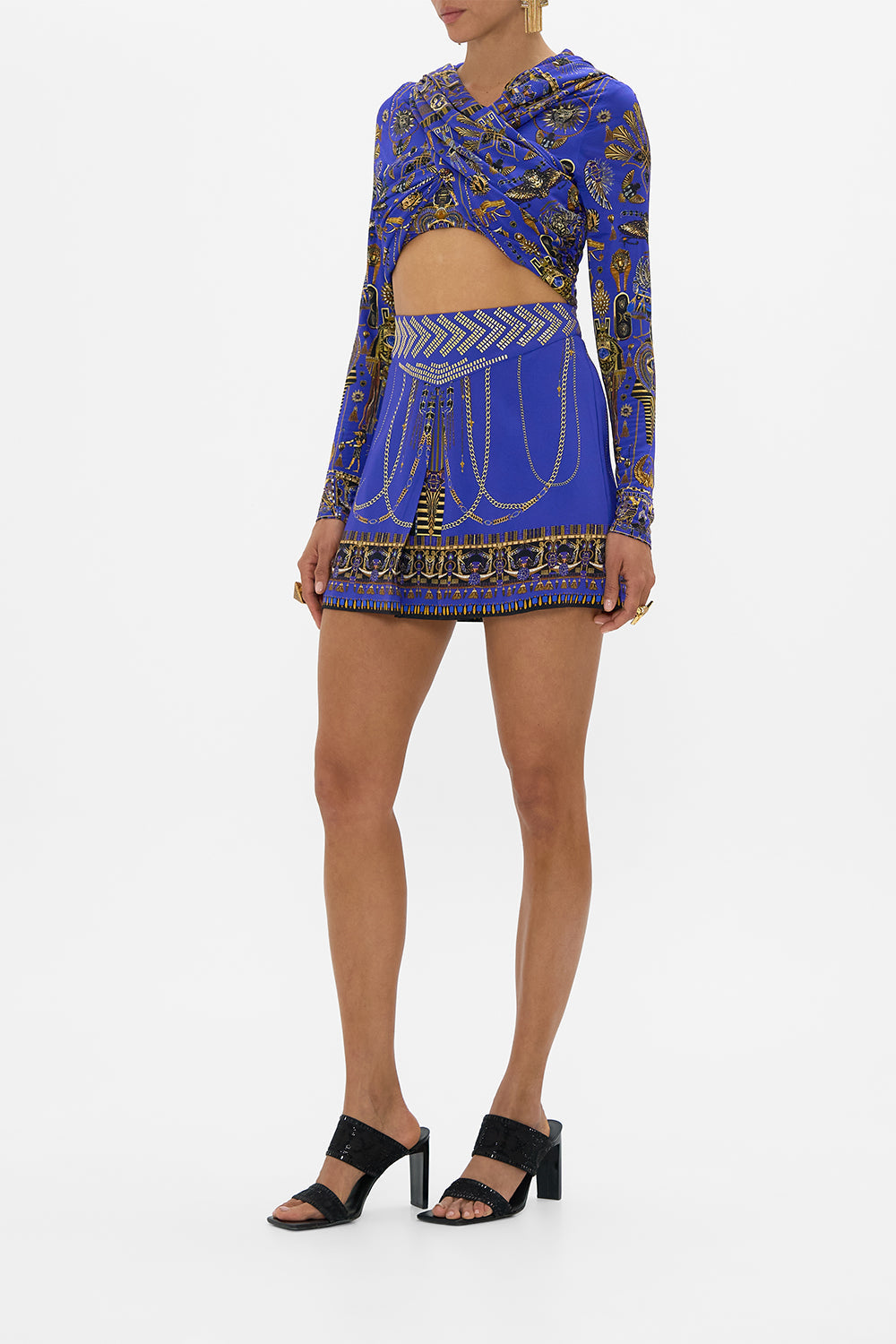CAMILLA Shaped Waistband Mini Skirt in My Fair Pharaoh print. 