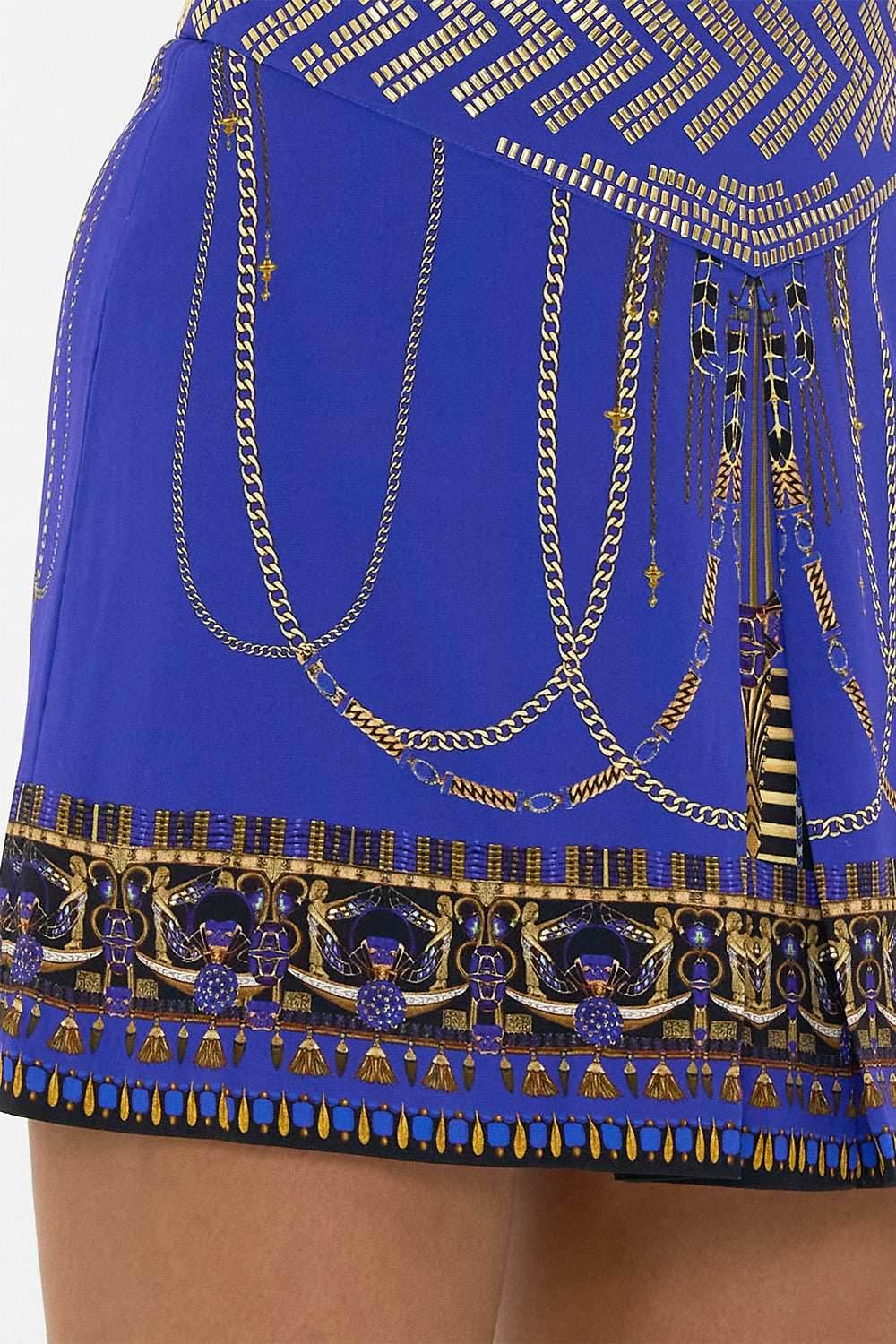 CAMILLA Shaped Waistband Mini Skirt in My Fair Pharaoh print. 