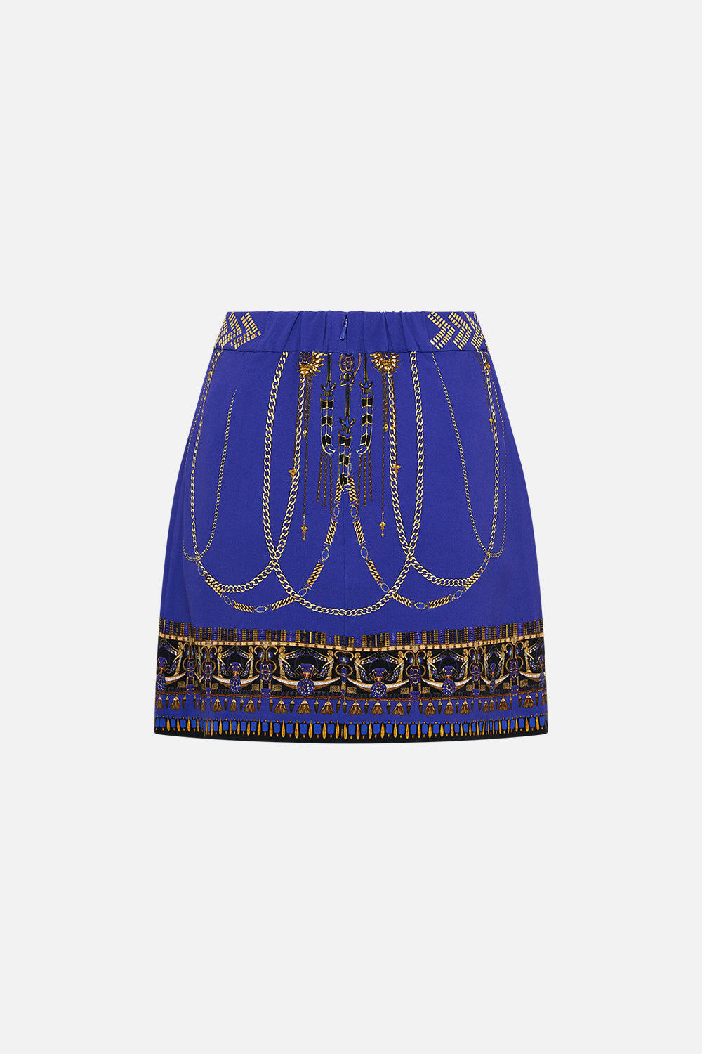 CAMILLA Shaped Waistband Mini Skirt in My Fair Pharaoh print. 