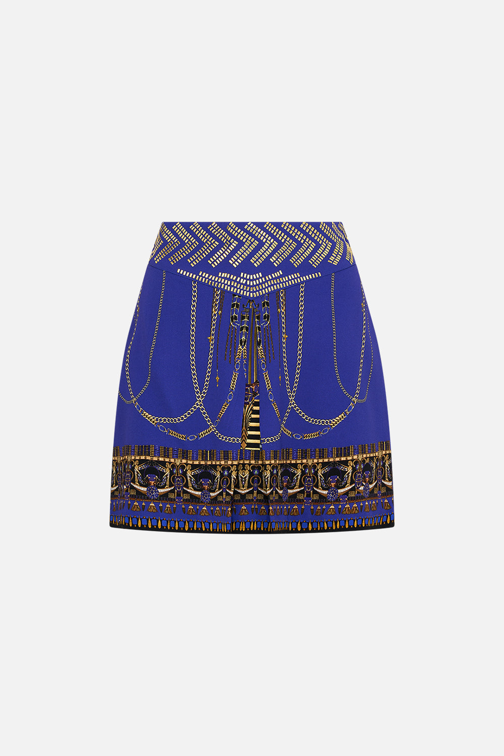 CAMILLA Shaped Waistband Mini Skirt in My Fair Pharaoh print. 