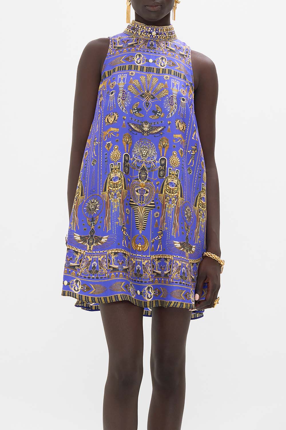 CAMILLA High Collar Shift Dress in My Fair Pharaoh print. 