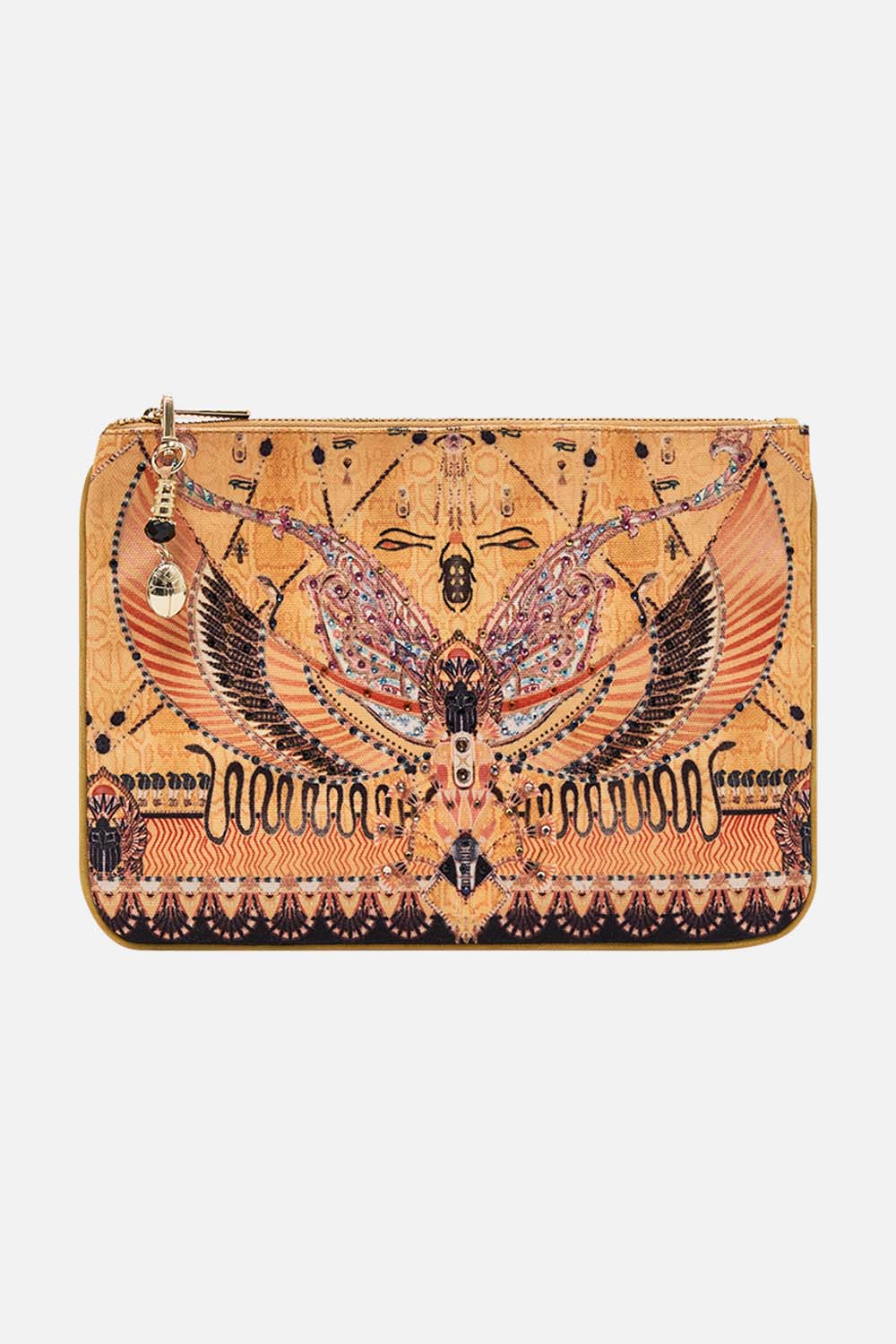 CAMILLA Gold Small Canvas Clutch in Valley of the Kings Print