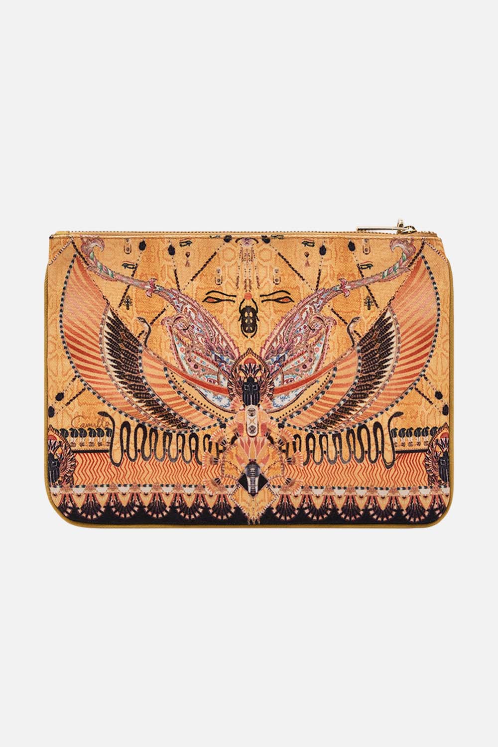 CAMILLA Gold Small Canvas Clutch in Valley of the Kings Print
