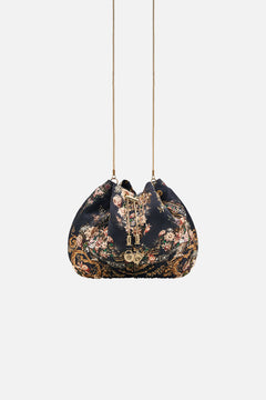 CAMILLA drawstring pouch with chain in Dyansty Daze print. 