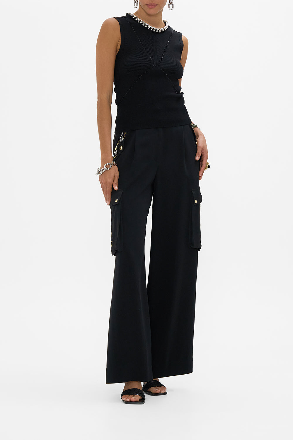 CAMILLA Sleeveless Knit Tank Top in Cartouche Kingdom print. 