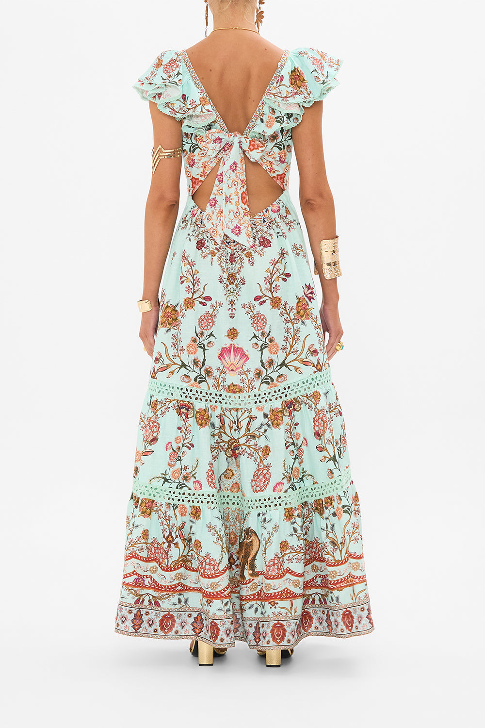 CAMILLA Tiered Dress with Neck Frill in Weaving Worlds print