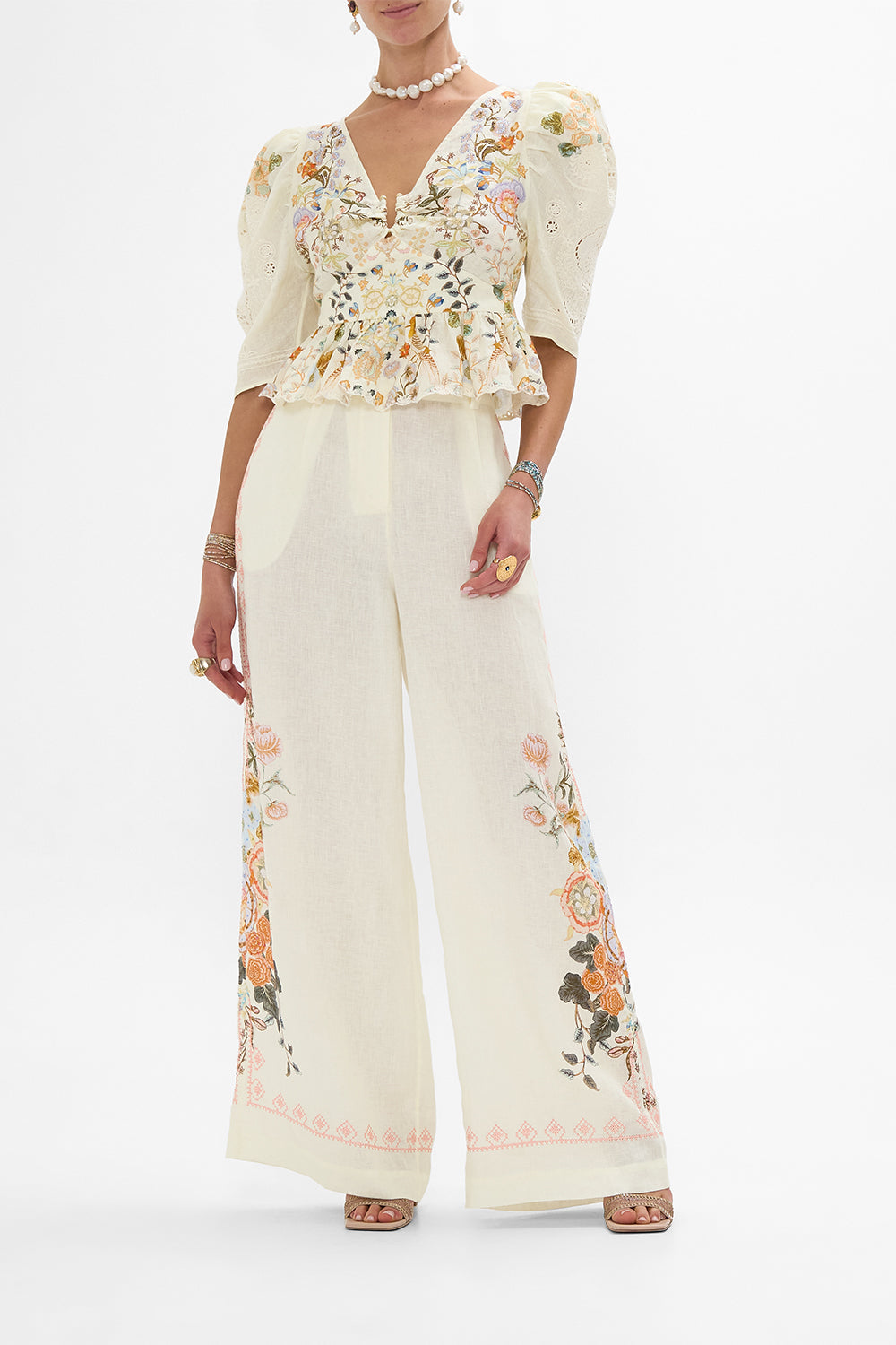 CAMILLA Puff Sleeve Top with Hardware in Honour of Heirlooms print