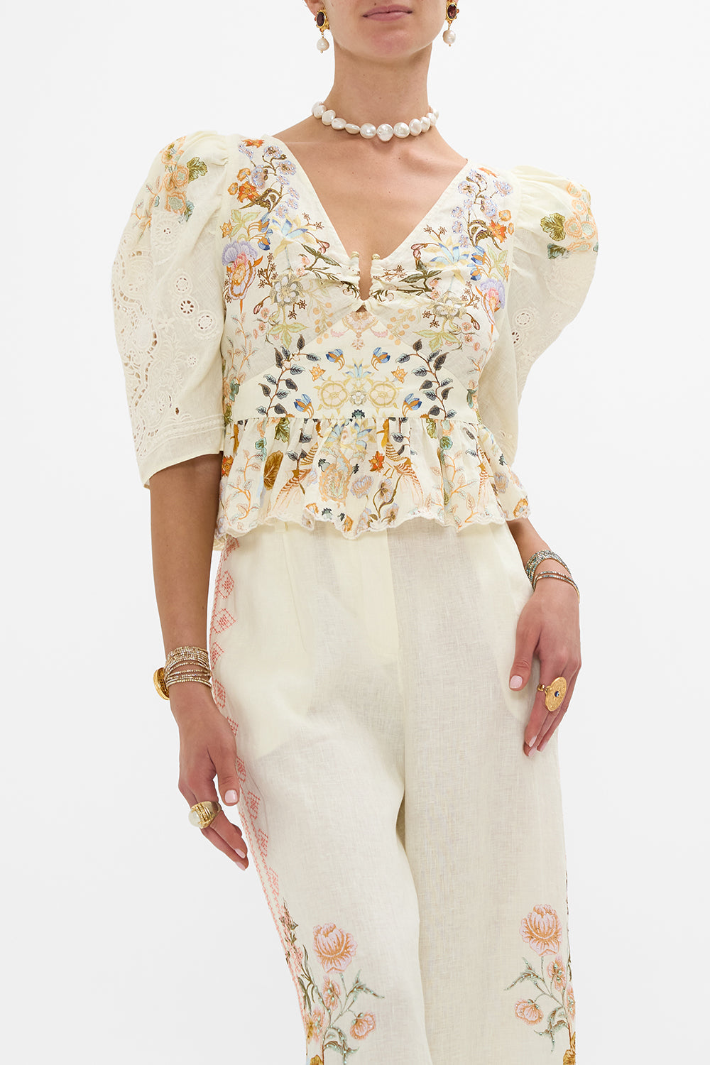 CAMILLA Puff Sleeve Top with Hardware in Honour of Heirlooms print
