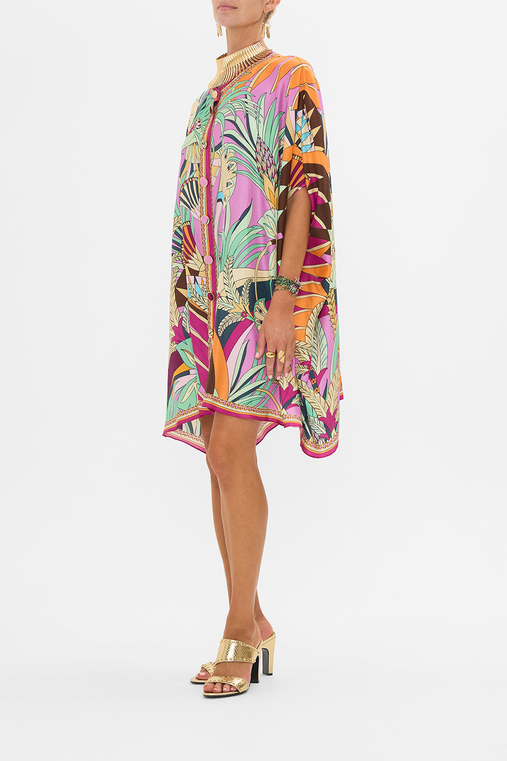 CAMILLA Button Through Batwing Short Kaftan in Giza Goddess Print. 