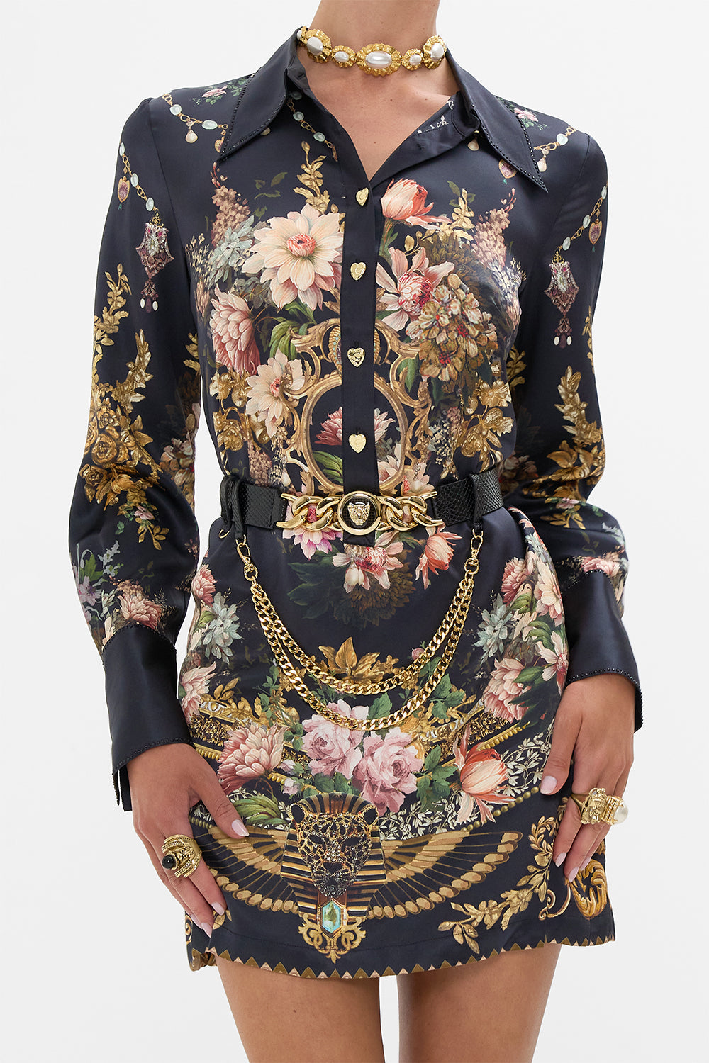 CAMILLA Leopard button belt with chain in Solid  Black print