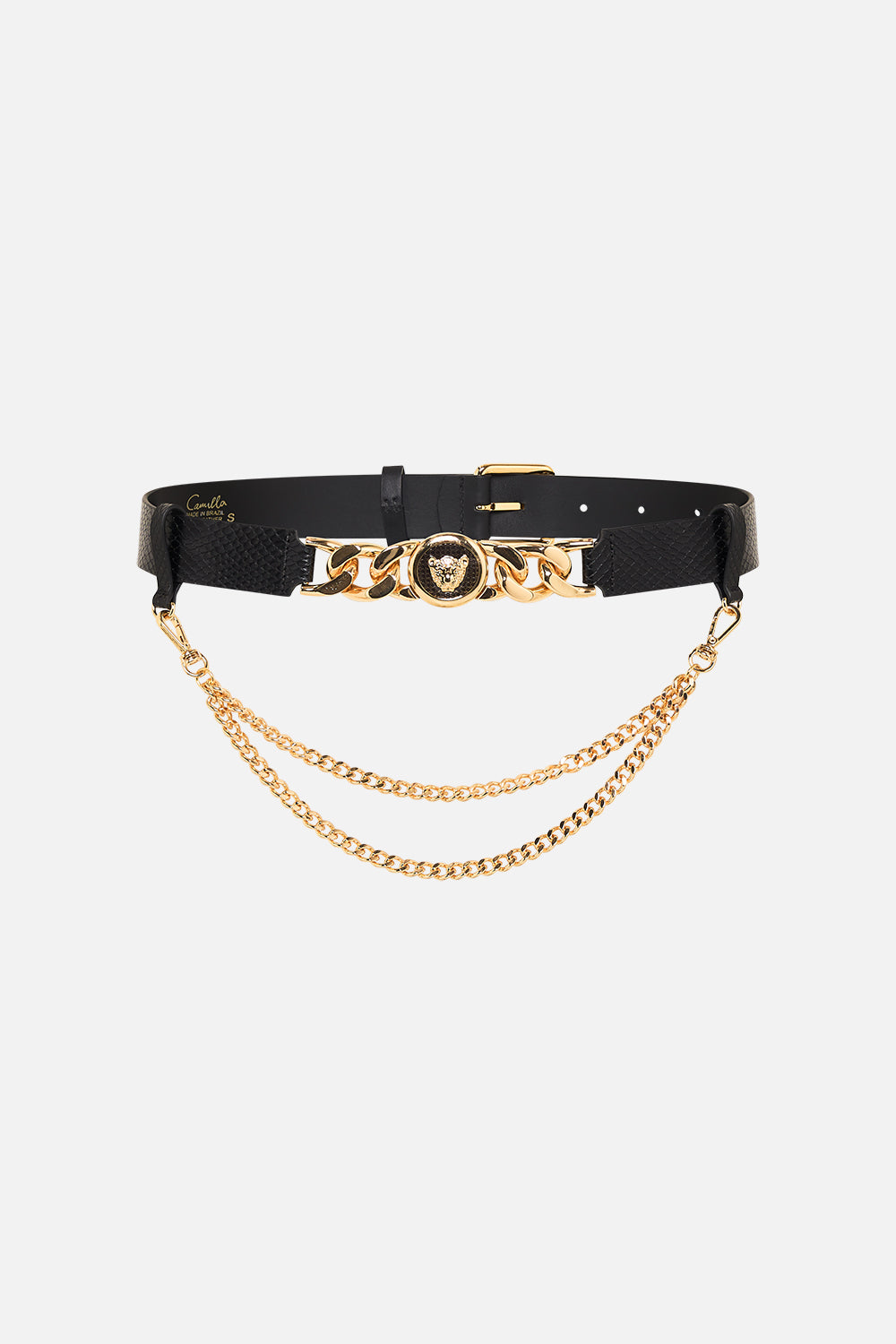CAMILLA Leopard button belt with chain in Solid  Black print